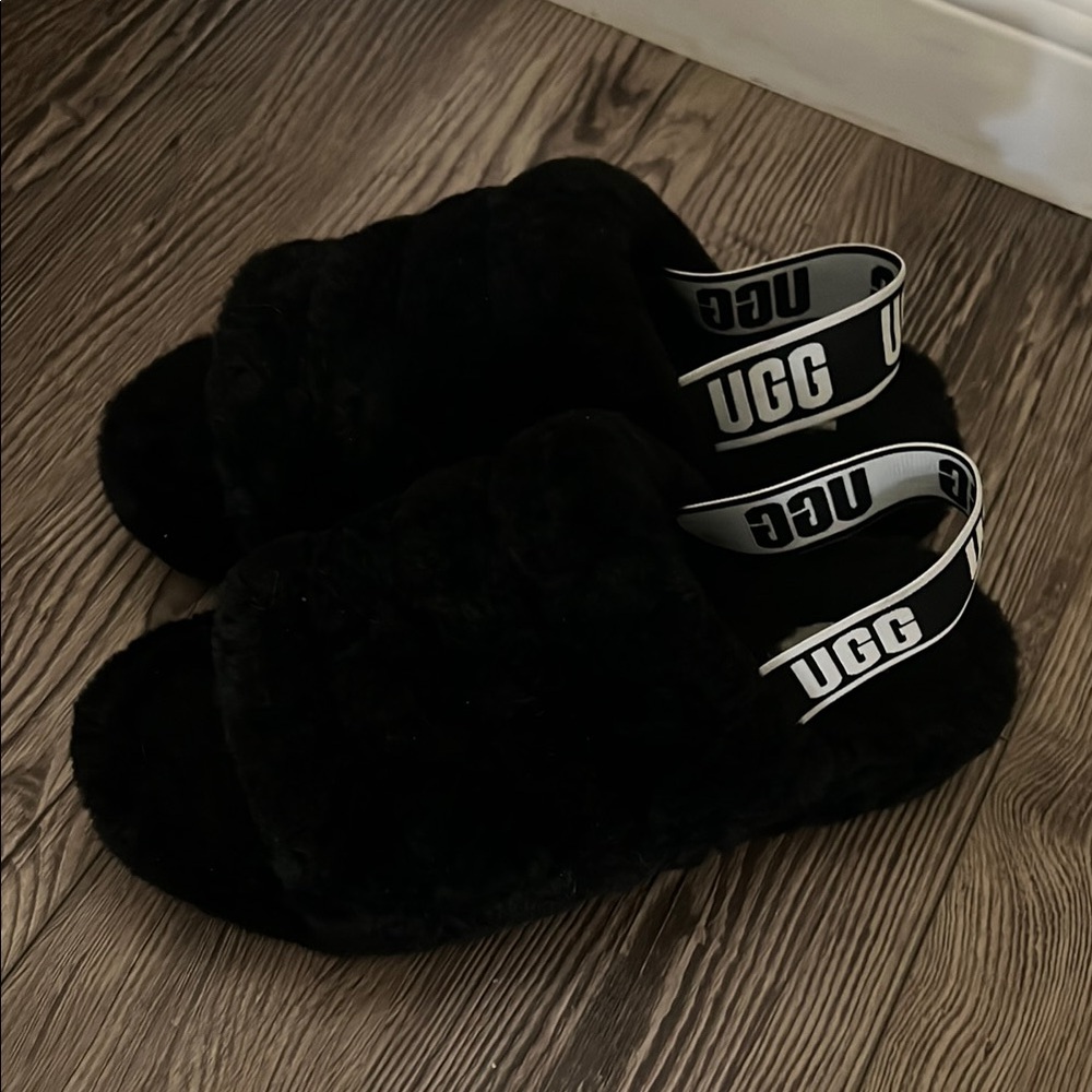 UGG Black Fluffy Slides with Logo Straps